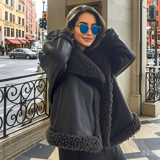 Damen Kurz geschnittene Aviator-Lederjacke mit Teddyfutter, großem Kragen und Oversize-Silhouette Nord Taschen