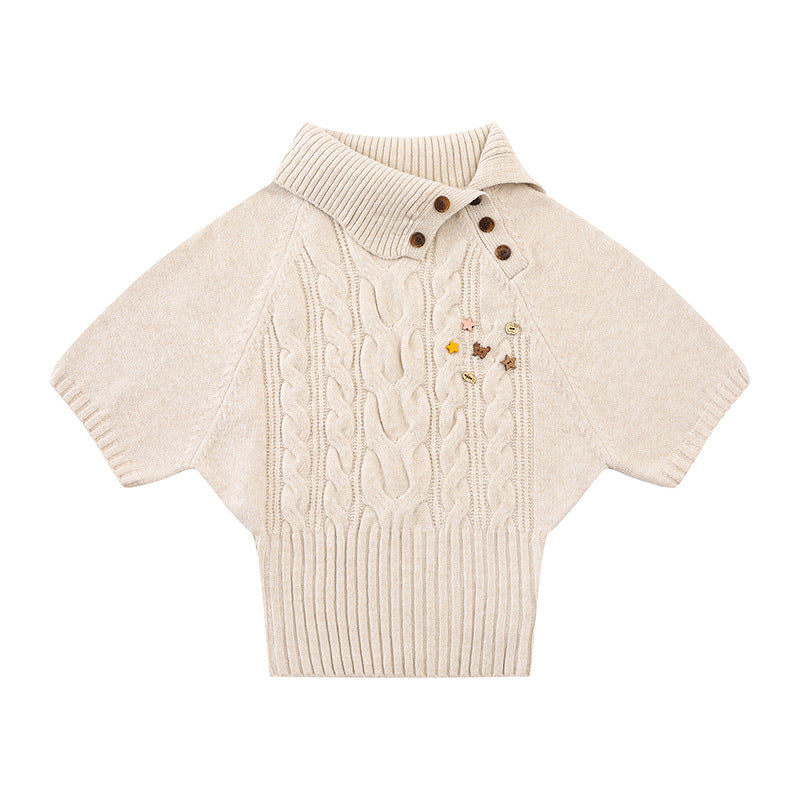 Damen Kurzärmeliges Zopfstrick-Pullover-Top mit Stehkragen und Knopfleiste Nord Taschen