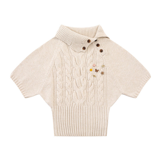 Damen Kurzärmeliges Zopfstrick-Pullover-Top mit Stehkragen und Knopfleiste Nord Taschen