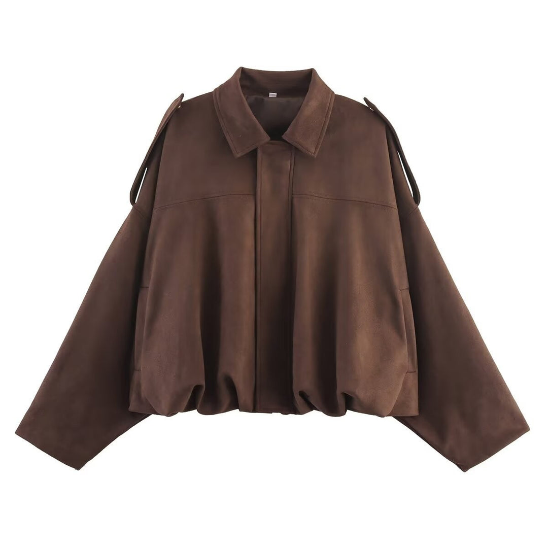Damen Oversize-Suedejacke mit Schulterklappen, verdeckter Knopfleiste und elastischem Saum Nord Taschen