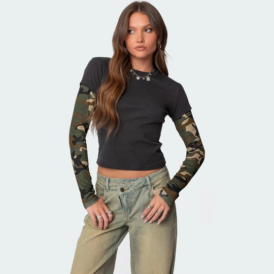 Damen modisches Langarmshirt mit einzigartigen Streifen und kurzem Schnitt Nord Taschen