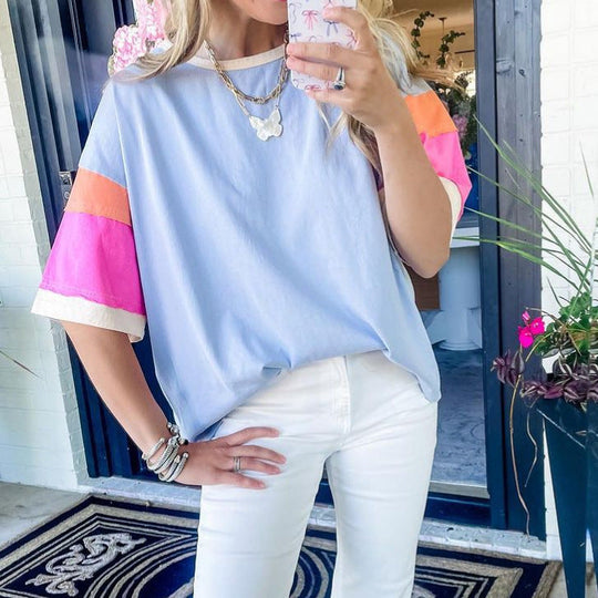 Damen lässiges T-Shirt mit farbenfrohen Ärmeln und weitem Schnitt