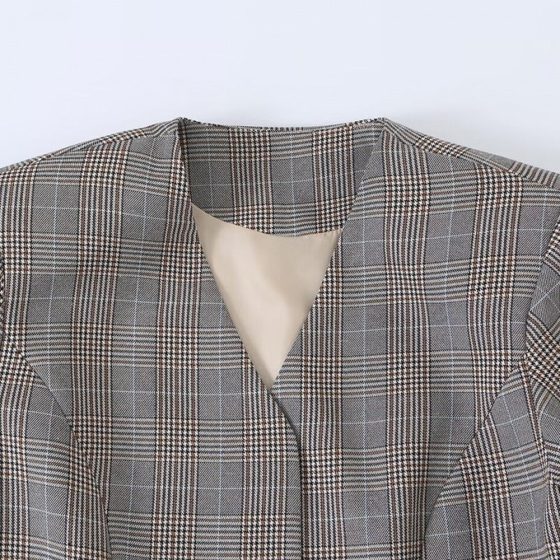 Damen Taillierte Glencheck-Blazerjacke mit V-Ausschnitt und Bindegürtel Nord Taschen