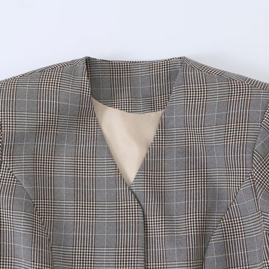 Damen Taillierte Glencheck-Blazerjacke mit V-Ausschnitt und Bindegürtel Nord Taschen