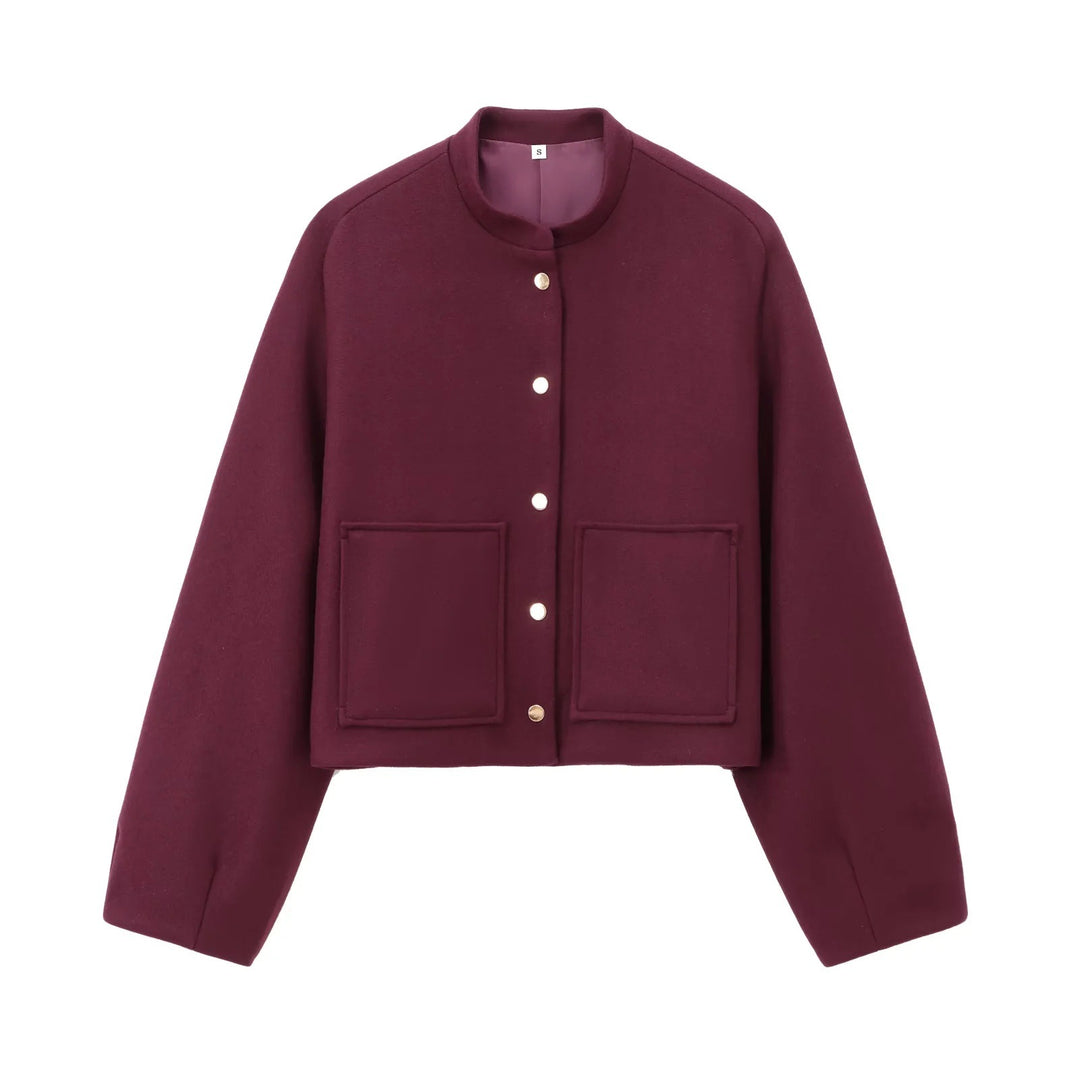 Damen 500+ Cropped Boxy Wollmix‑Blousonjacke mit Stehkragen, Druckknöpfen und großen aufgesetzten Taschen Nord Taschen