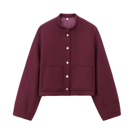 Damen 500+ Cropped Boxy Wollmix‑Blousonjacke mit Stehkragen, Druckknöpfen und großen aufgesetzten Taschen Nord Taschen