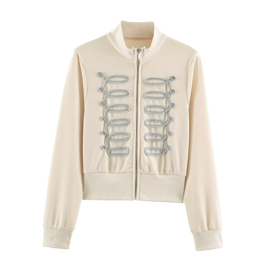 Damen Kurz geschnittene Sweatjacke mit ornamentalem Zierkordel‑Besatz und Stehkragen Nord Taschen