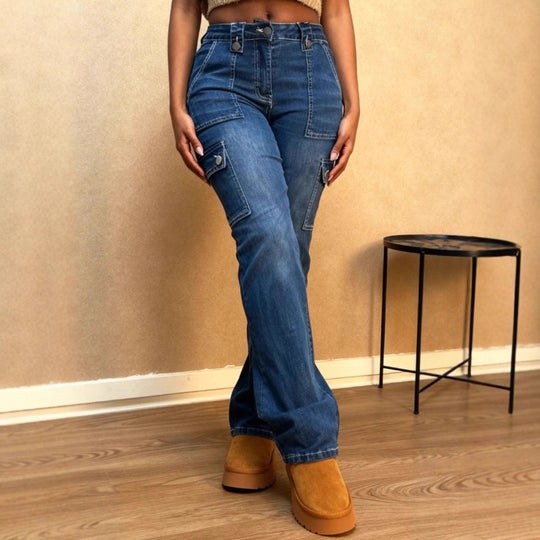 Damen Hochtaillierte Cargo-Denim-Jeans mit geradem Bein und aufgesetzten Klappentaschen Nord Taschen