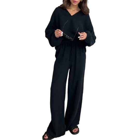 Damen Leichtes Crinkle-Lounge-Set mit V-Ausschnitt und weiter High-Waist-Hose Nord Taschen