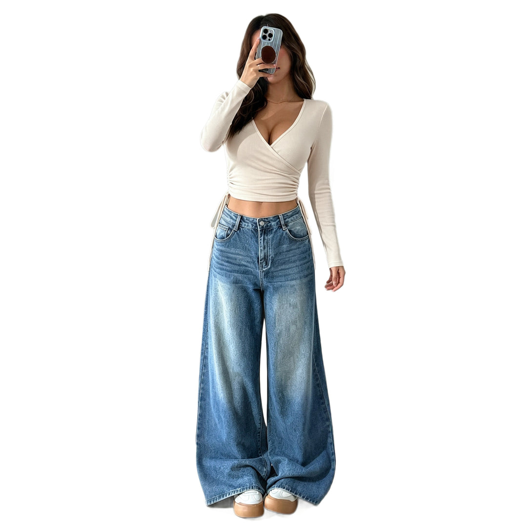 Damen geripptes Wickel-Crop-Top mit tiefem V‑Dekolleté, seitlicher Tunnelzugraffung und enganliegender Stretch-Passform Nord Taschen