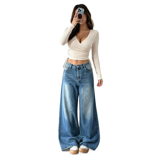 Damen geripptes Wickel-Crop-Top mit tiefem V‑Dekolleté, seitlicher Tunnelzugraffung und enganliegender Stretch-Passform Nord Taschen