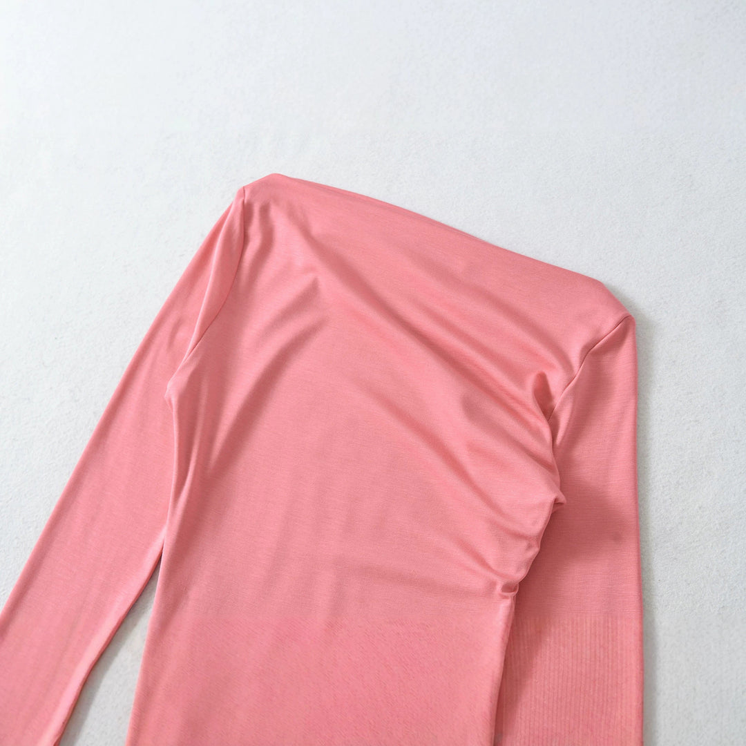 Damen Asymmetrisches Ein-Schulter-Midikleid mit Raffung und Langarm Nord Taschen