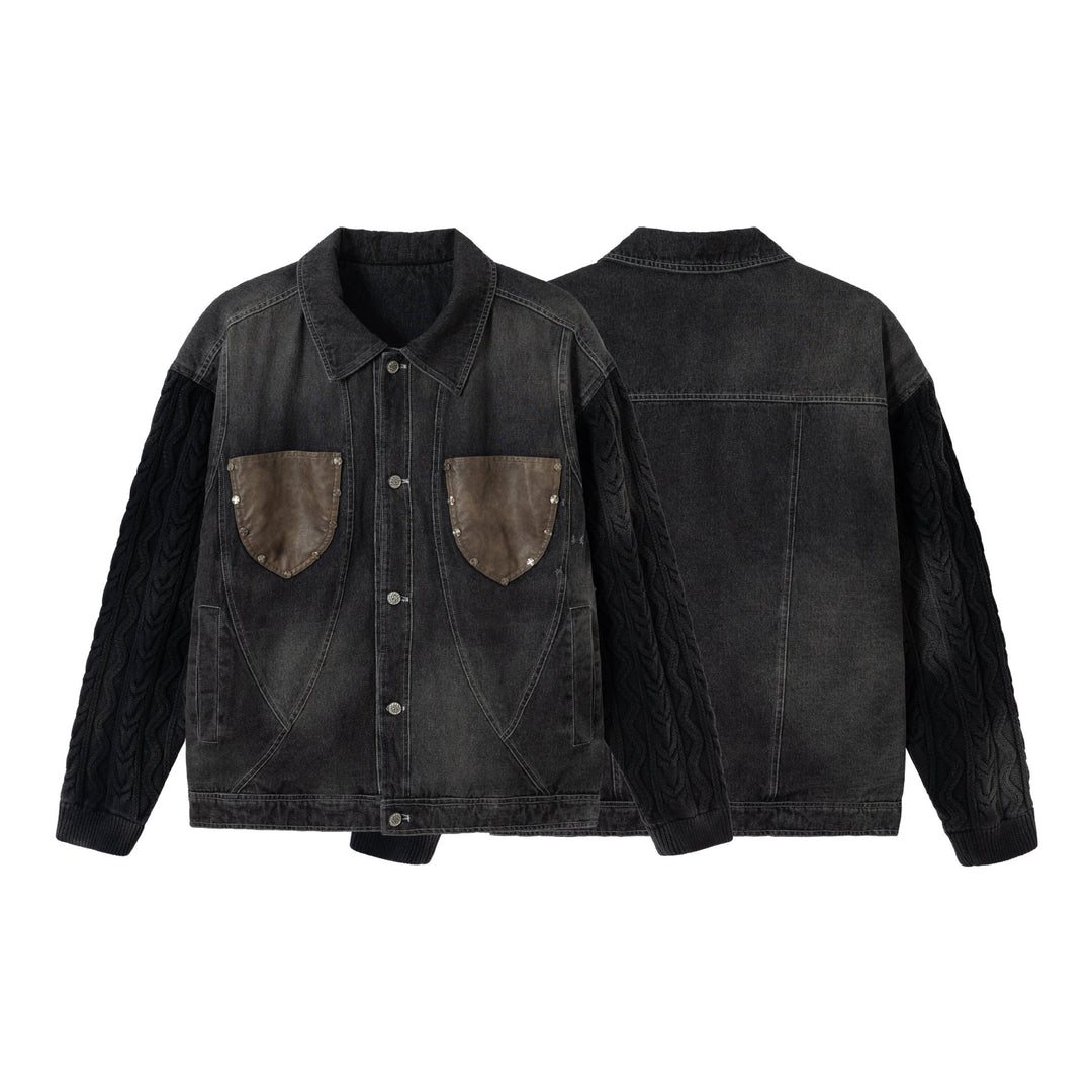 Herren Jeansjacke mit aufgesetzten Lederbrusttaschen und Zopfmusterstrickärmeln Nord Taschen
