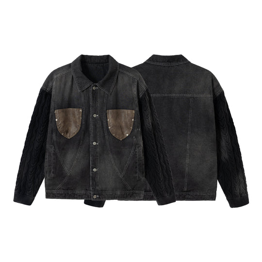 Herren Jeansjacke mit aufgesetzten Lederbrusttaschen und Zopfmusterstrickärmeln Nord Taschen