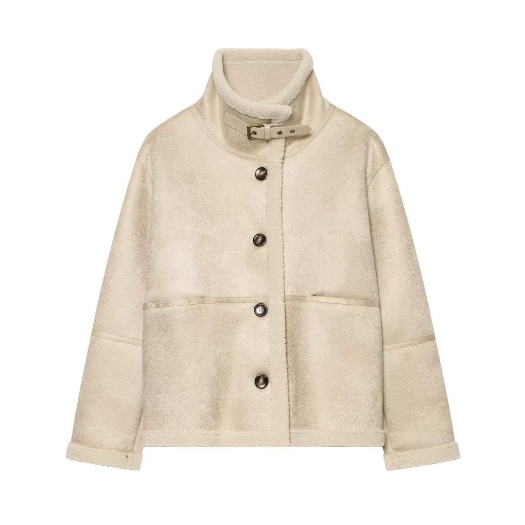 Damen Kurzjacke aus Teddy-Fleece mit Funnelkragen und Schnallenverschluss Nord Taschen