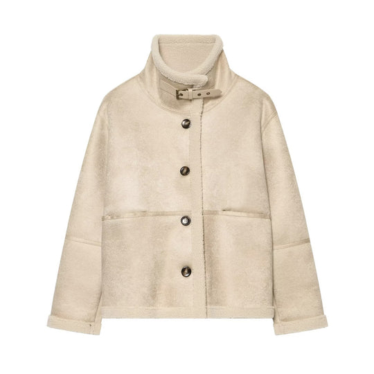 Damen Kurzjacke aus Teddy-Fleece mit Funnelkragen und Schnallenverschluss Nord Taschen