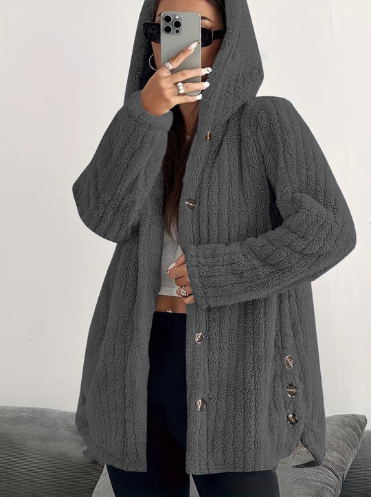 Damen Kapuzen-Teddy-Mantel mit Knopfleiste und Oversize-Schnitt Nord Taschen