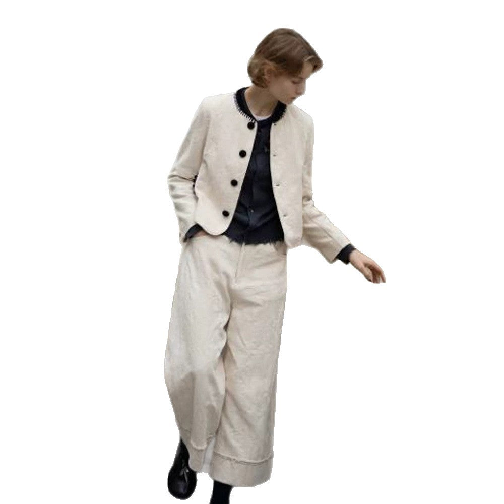 Damen Zweiteiliges Bouclé-Set mit Kurzjacke, kontrastiertem Rundhalsausschnitt und weitem Culotte-Hosenbein Nord Taschen