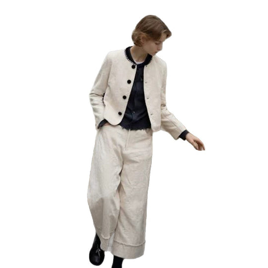 Damen Zweiteiliges Bouclé-Set mit Kurzjacke, kontrastiertem Rundhalsausschnitt und weitem Culotte-Hosenbein Nord Taschen