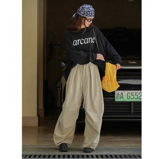 Damen Voluminöse Palazzo-Baggy-Hose mit Tunnelzugbund und drapierten Bundfalten Nord Taschen