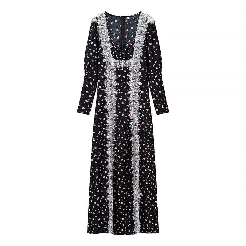 Damen Langärmeliges Maxikleid mit Spitzenborten, tiefem V‑Ausschnitt und floralem Alloverprint Nord Taschen