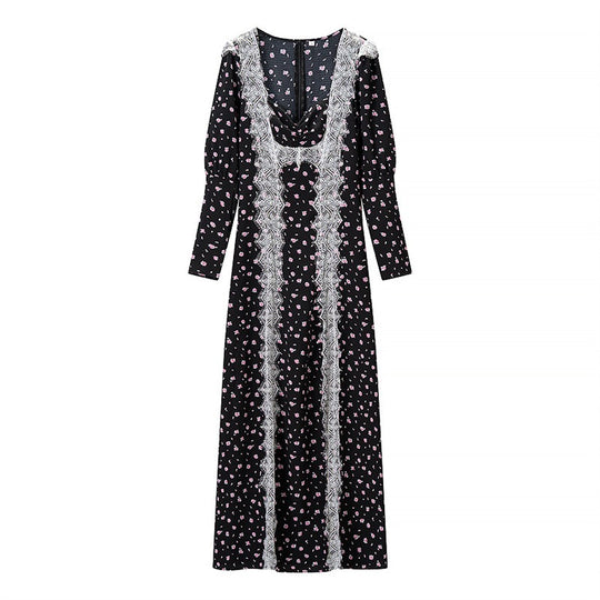 Damen Langärmeliges Maxikleid mit Spitzenborten, tiefem V‑Ausschnitt und floralem Alloverprint Nord Taschen