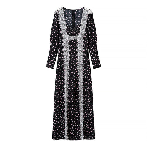 Damen Langärmeliges Maxikleid mit Spitzenborten, tiefem V‑Ausschnitt und floralem Alloverprint Nord Taschen