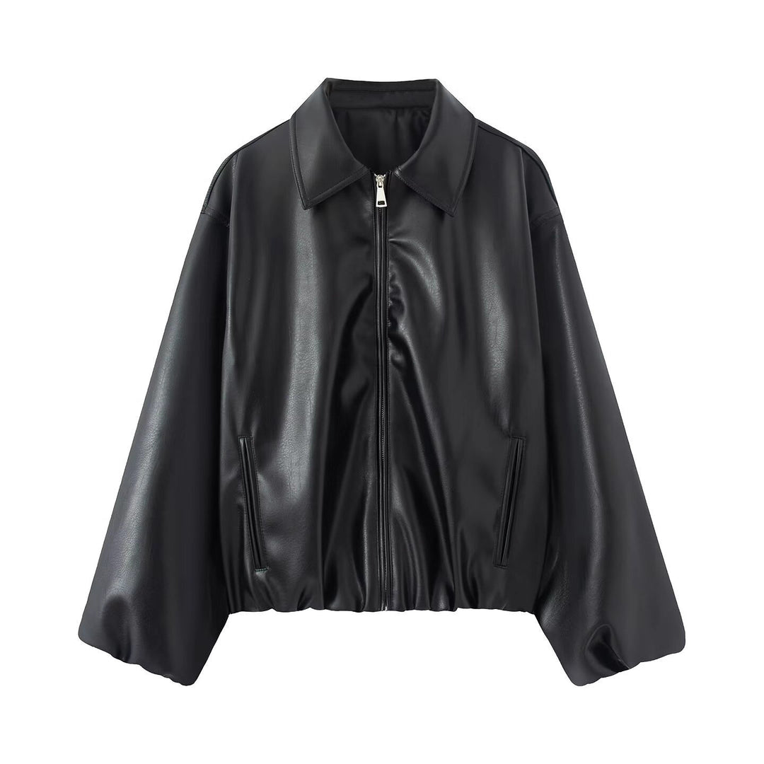 Damen Oversize Kunstleder Blouson mit Reißverschluss und elastischem Saum Nord Taschen