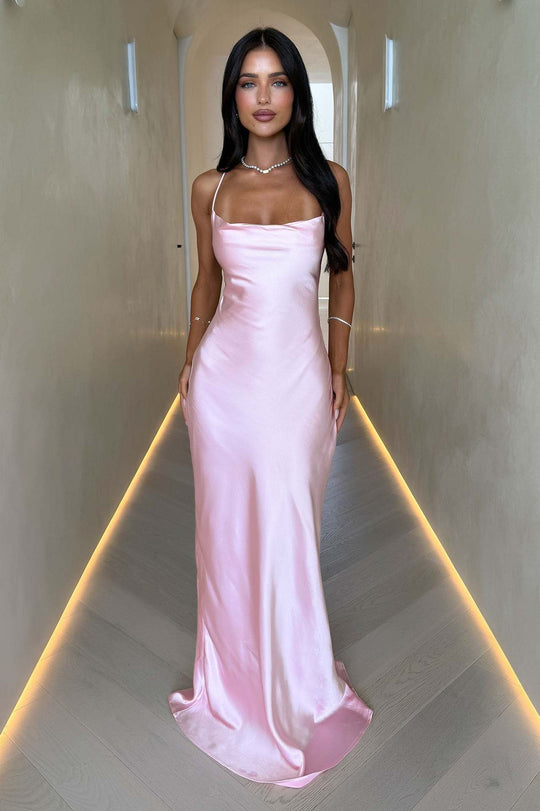 Damen Elegantes Satinabendkleid mit spaghettiträgern und fließendem Schnitt - Arvani