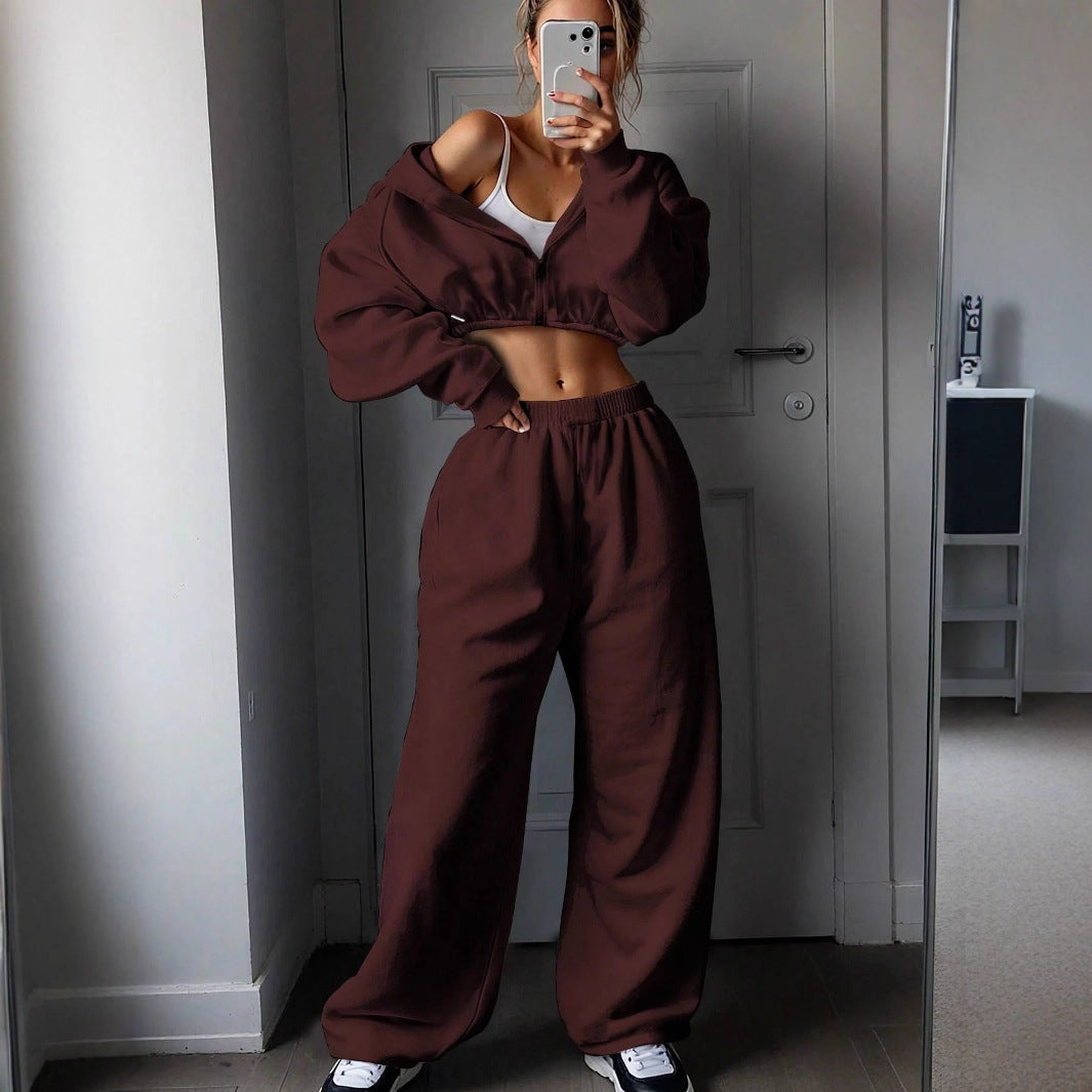 Damen Cropped Hoodie und lässige Sweatpants mit elastischem Bund