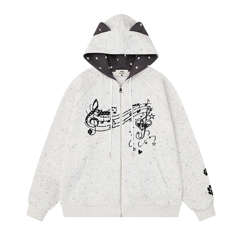 Damen Zip-Kapuzenjacke mit Musikprint, 3D-Ohrenkapuze und Pfoten-Applikation Nord Taschen