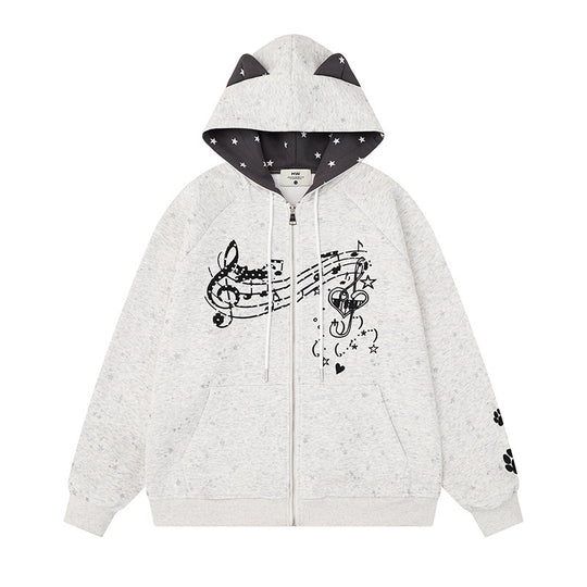 Damen Zip-Kapuzenjacke mit Musikprint, 3D-Ohrenkapuze und Pfoten-Applikation Nord Taschen