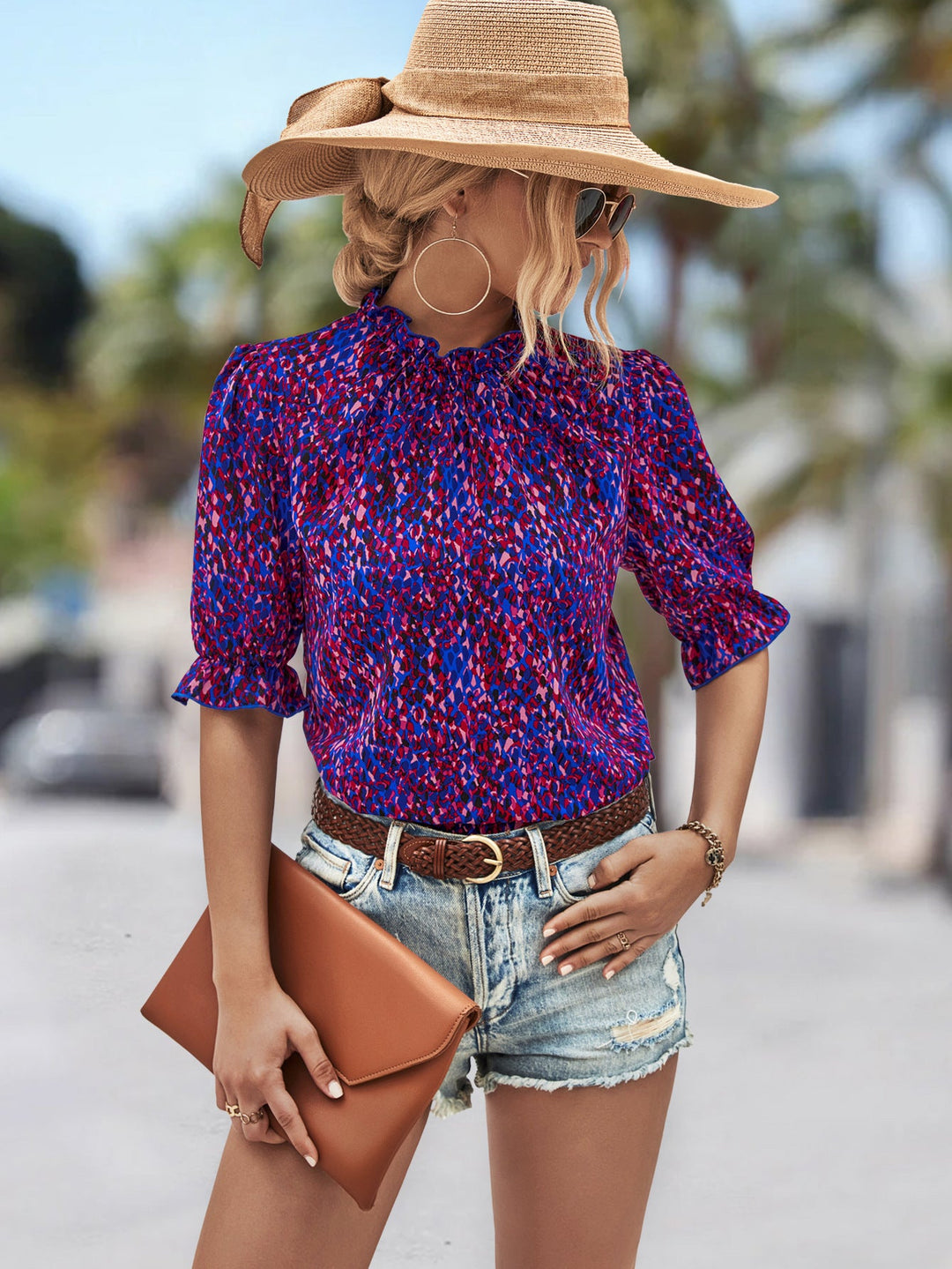 Damen Elegante Bluse mit Raffungen und botanischem Muster Nord Taschen