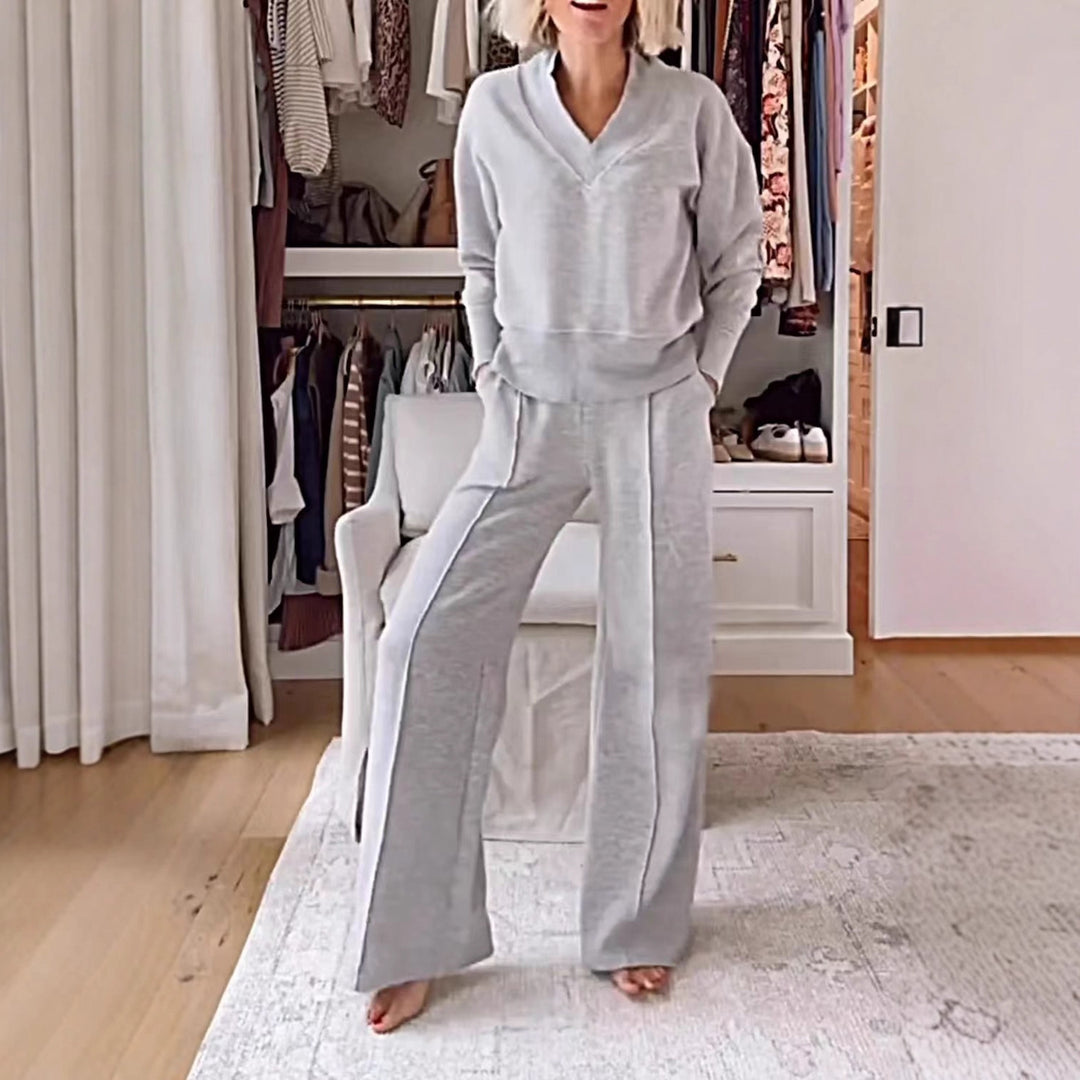 Damen Zweiteiliges Lounge-Set aus weichem Jersey mit V-Ausschnitt und weitem Palazzohosen-Schnitt Nord Taschen