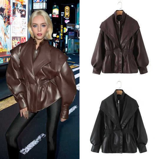 Damen Kunstlederjacke mit XXL-Schalkragen, Taillengummierung und Ballonärmeln Nord Taschen