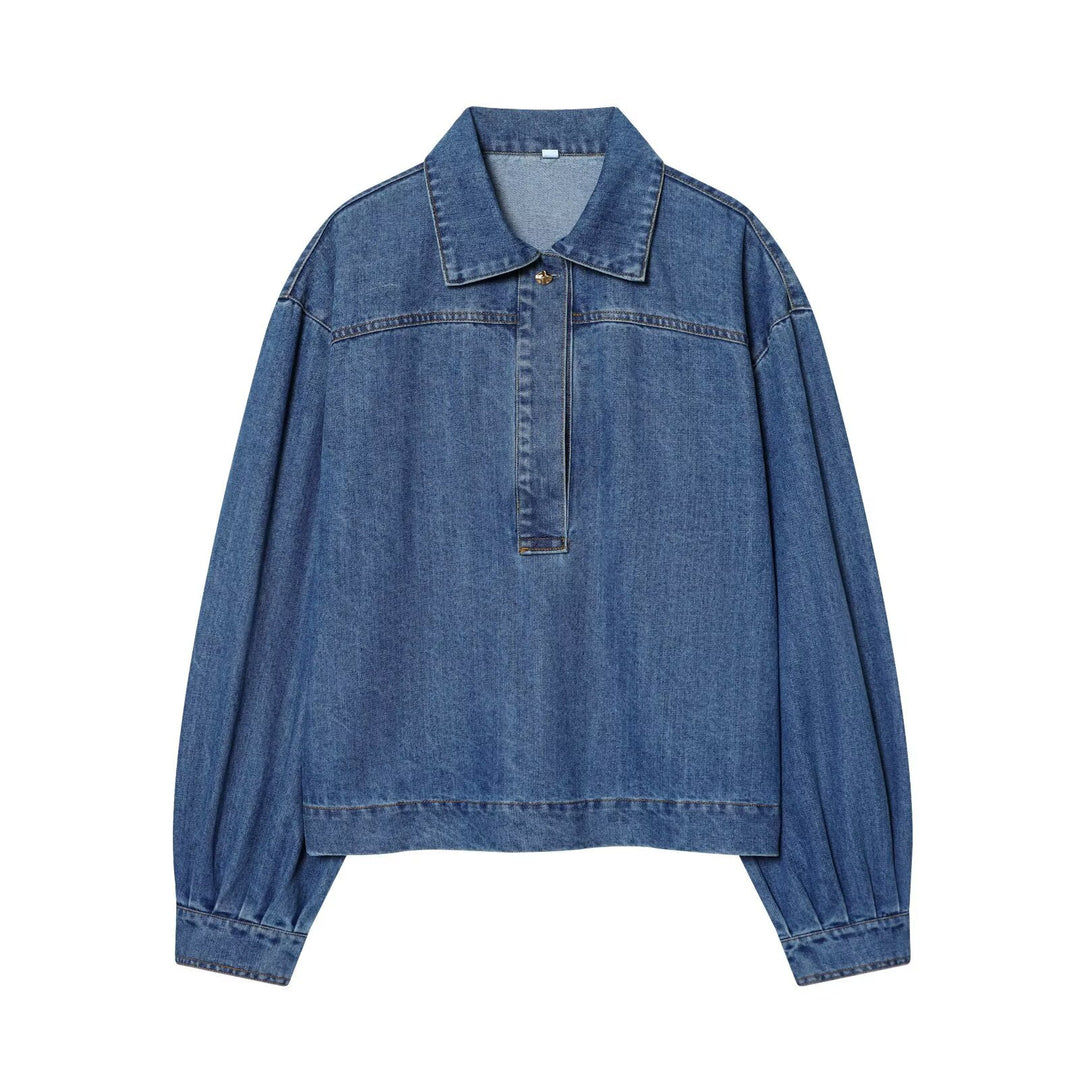 Damen Oversize Denim-Pulloverjacke mit halber Knopfleiste Nord Taschen