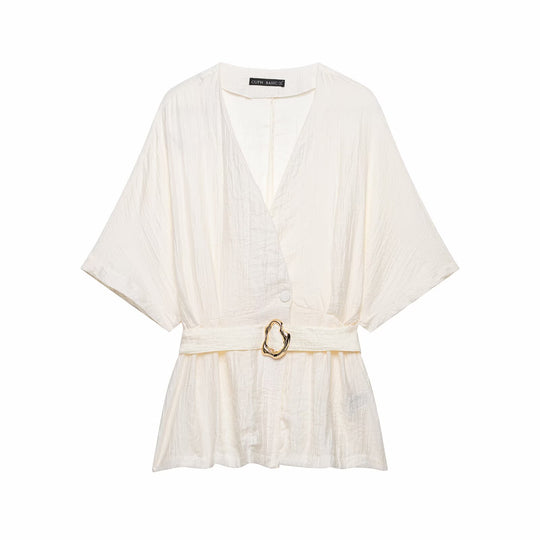 Damen Zweiteiler Kimono-Top mit Taillengürtel und weiter Bundfaltenhose Nord Taschen