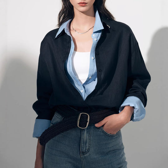 Damen Modische Leinenbluse mit langen Ärmeln Nord Taschen