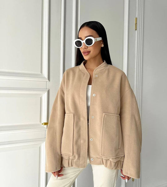 Damen Kurz geschnittener kastiger Wollmix-Blouson mit Druckknopfleiste und aufgesetzten Taschen Nord Taschen