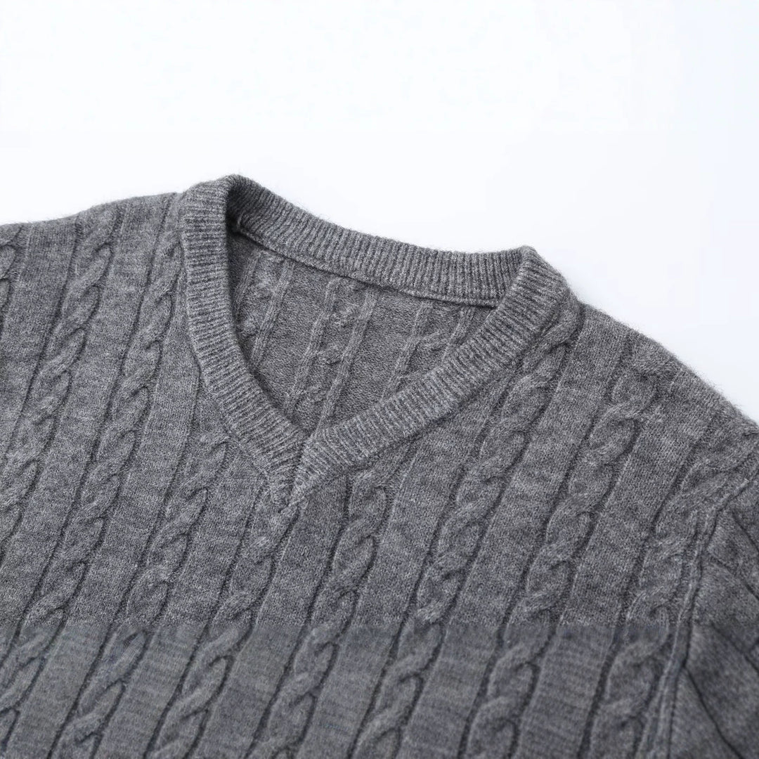 Damen Oversize Zopfmuster-Pullover mit V-Ausschnitt und breitem Rippbündchen Nord Taschen