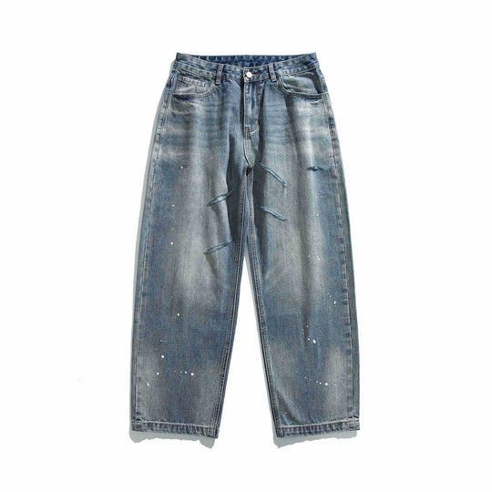 Damen Hochtaillierte lockere Jeans mit Used‑Effekt und Farb‑Splatter Nord Taschen