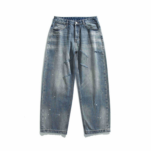 Damen Hochtaillierte lockere Jeans mit Used‑Effekt und Farb‑Splatter Nord Taschen