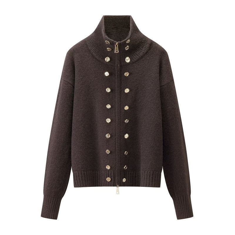 Damen Cropped Strickjacke mit hohem Stehkragen, Zierknopfleiste und Doppelreißverschluss Nord Taschen