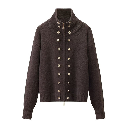 Damen Cropped Strickjacke mit hohem Stehkragen, Zierknopfleiste und Doppelreißverschluss Nord Taschen