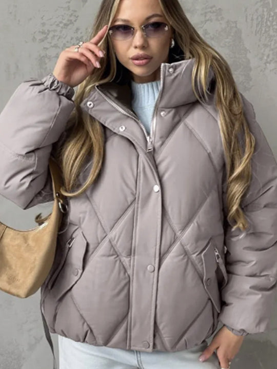 Damen Gefütterte Rauten‑Stepp‑Pufferjacke mit Kapuze und verdecktem Reißverschluss Nord Taschen