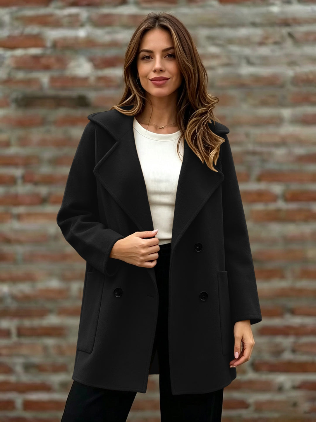 Damen Doppelreihiger Wollmantel mit Oversize-Revers Nord Taschen