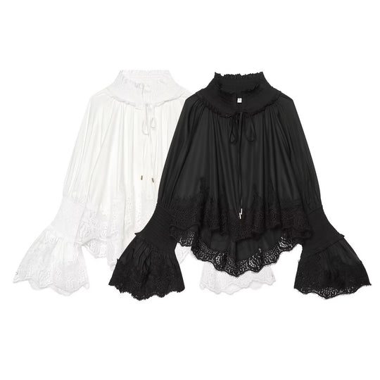 Damen Bluse mit hohem Rüschenkragen, geschmückten Manschetten und Spitzenbordüre Nord Taschen