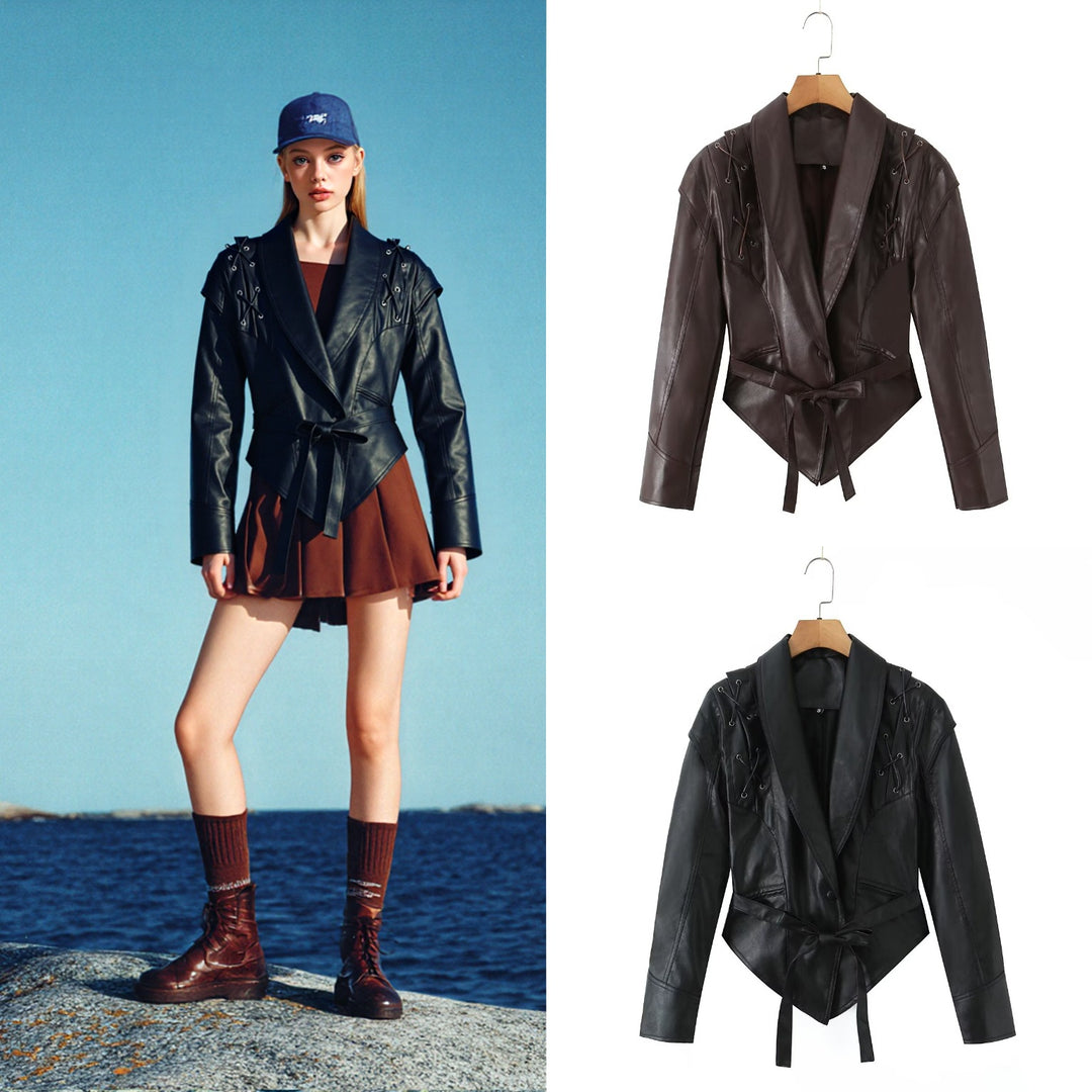 Damen taillierter Kunstlederblazer mit Schnürdetails an den Schultern und Bindegürtel Nord Taschen