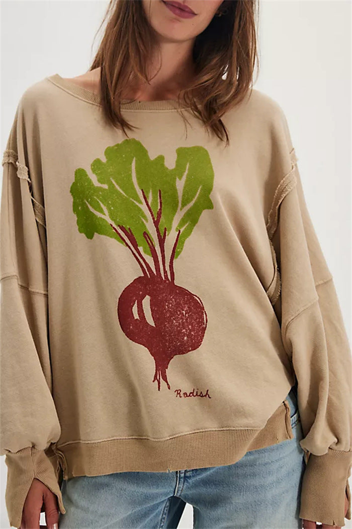 Damen oversized Sweatshirt mit Rüben-Print, ausgefransten Nahtakzenten und Daumenlochärmeln Nord Taschen