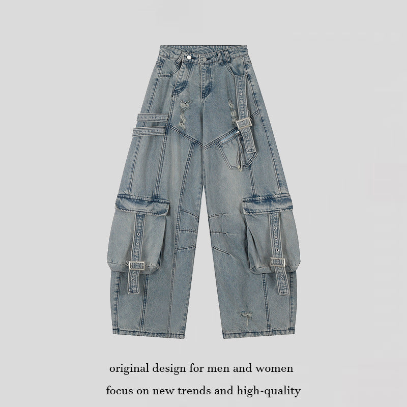 Damen weite Jeans-Cargo-Culotte mit taktischen Taschen, Gurtapplikationen und Used-Details Nord Taschen